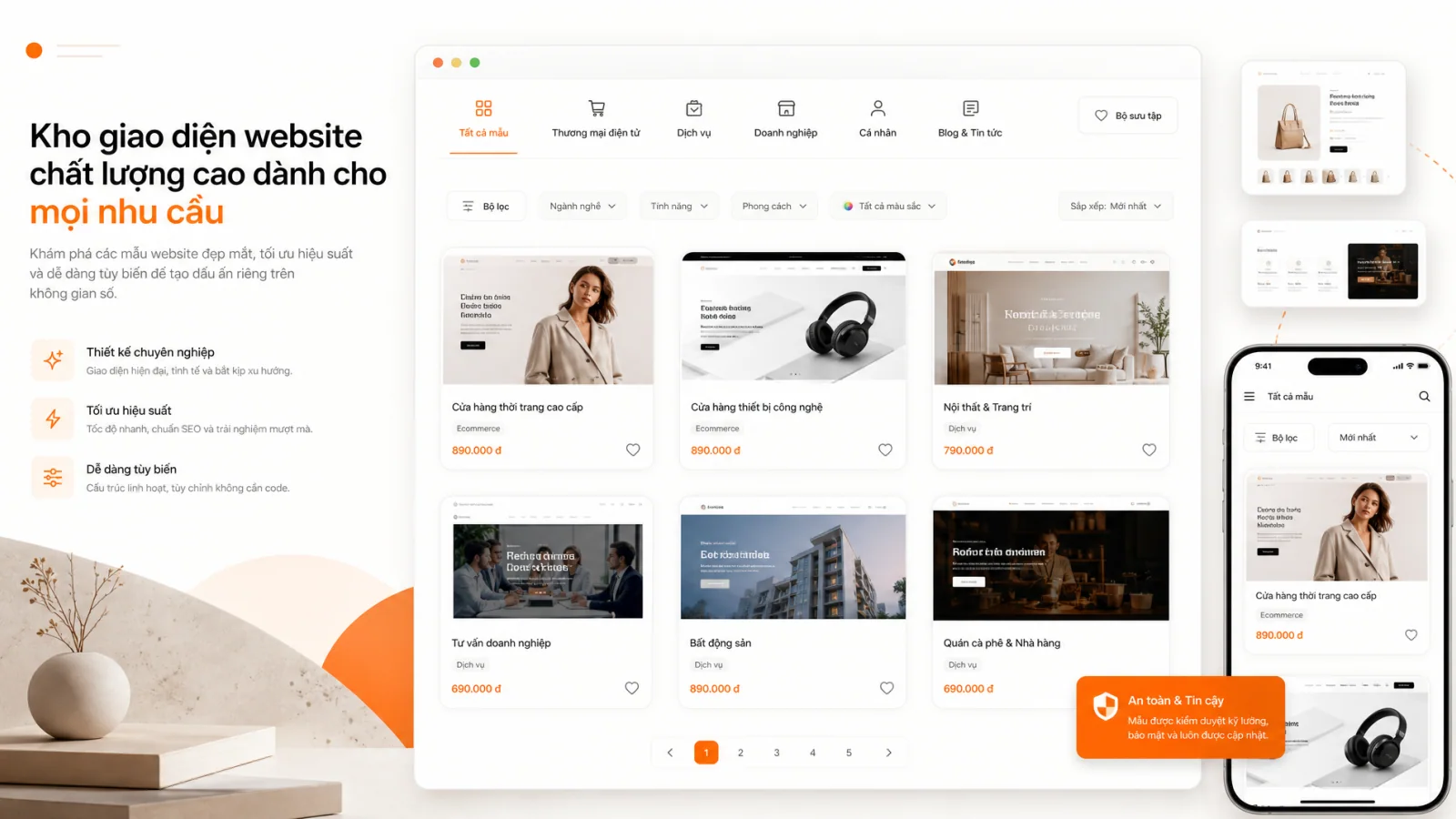 Kho website code sẵn với bộ lọc ngành nghề và template đa dạng